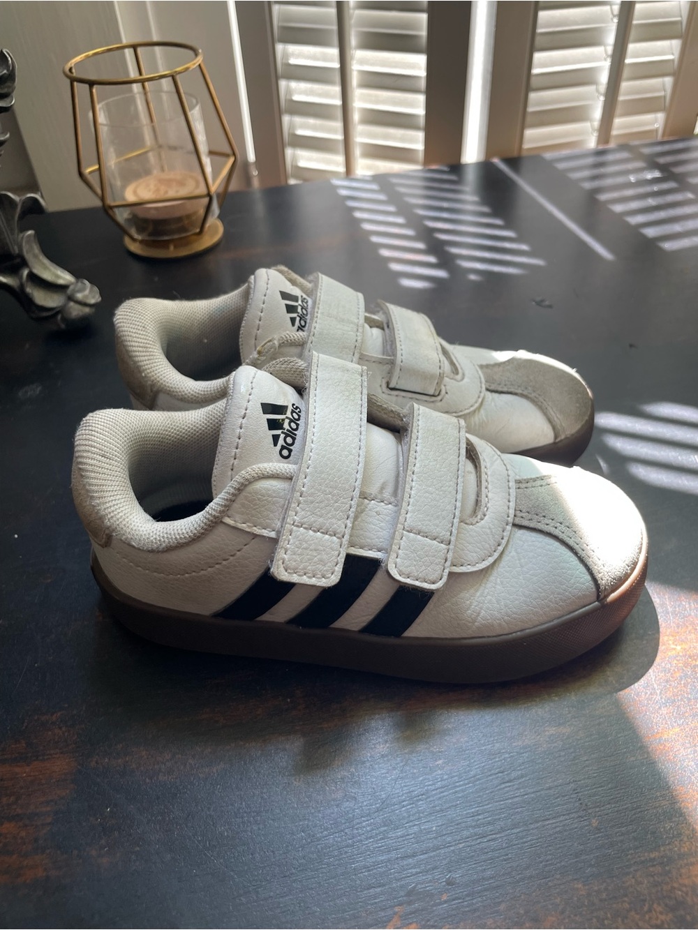 adidas Kids White Sneakers with Black Stripes and Velcro